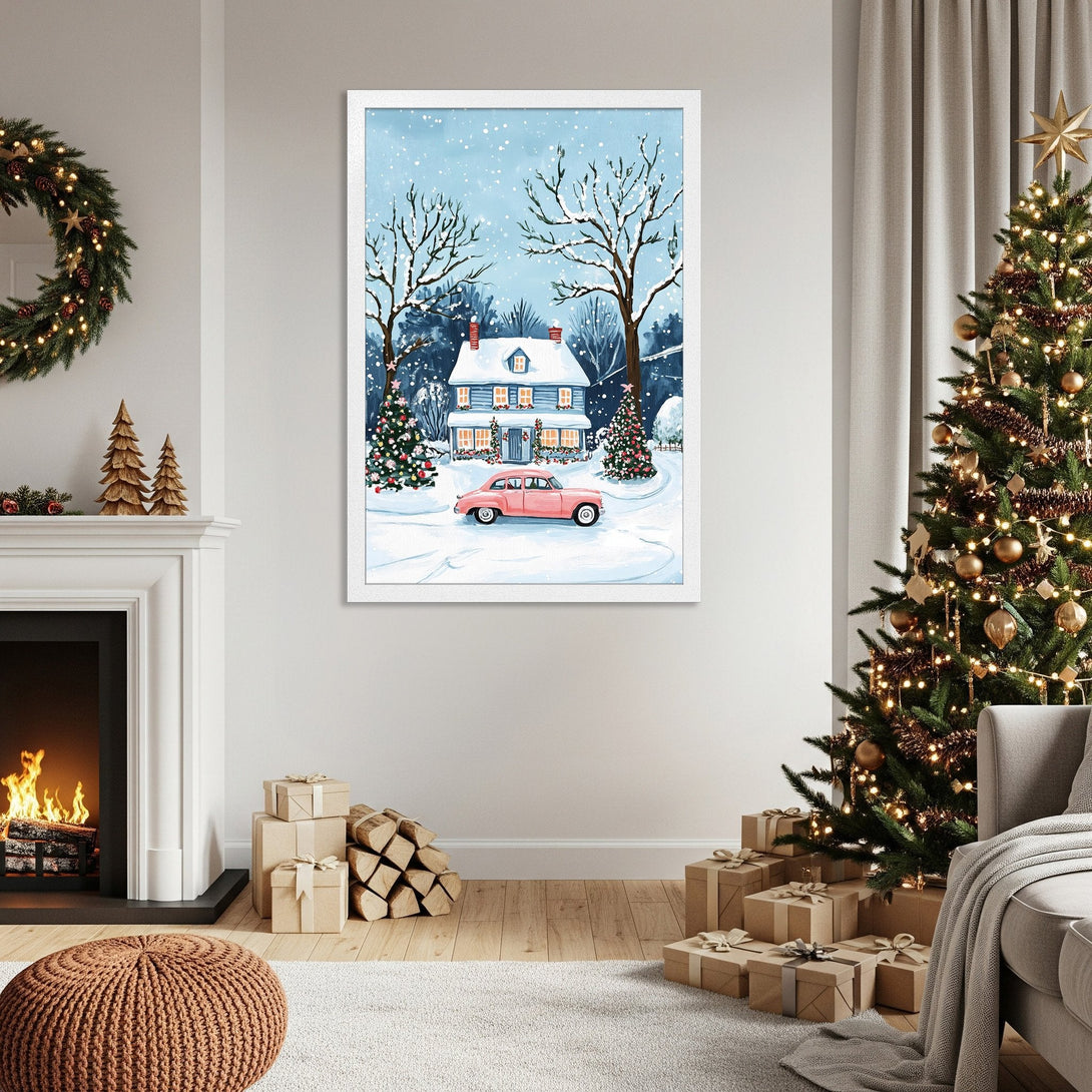 Framed Poster featuring a winter scene with a house and pink car, in a whimsical, colorful style. Perfect Christmas decor!