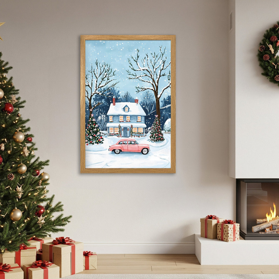 Framed Poster featuring a winter scene with a house and pink car. Charming watercolor style, blue, white, and pink color palette. Perfect holiday decor!