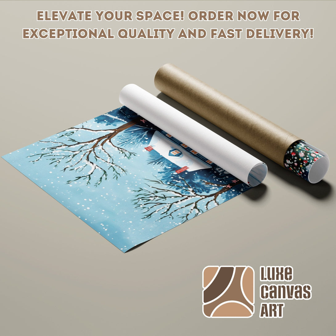 Winter scene Poster Roll in blue and brown tones. Perfect wall art for your home! Order now.