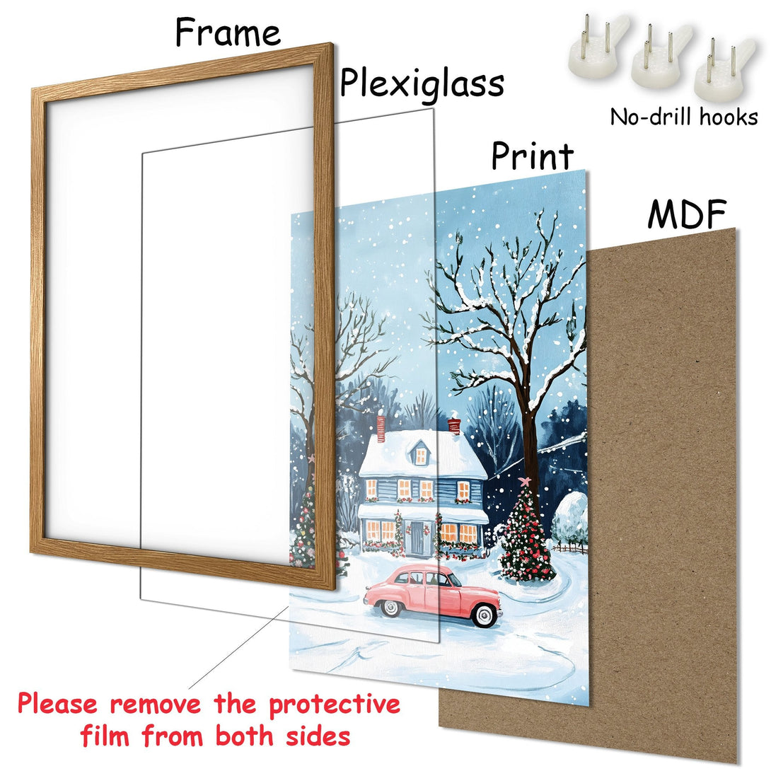 Framed Poster featuring a winter scene with a house and car, in a blue and white color palette. Perfect for holiday decor!