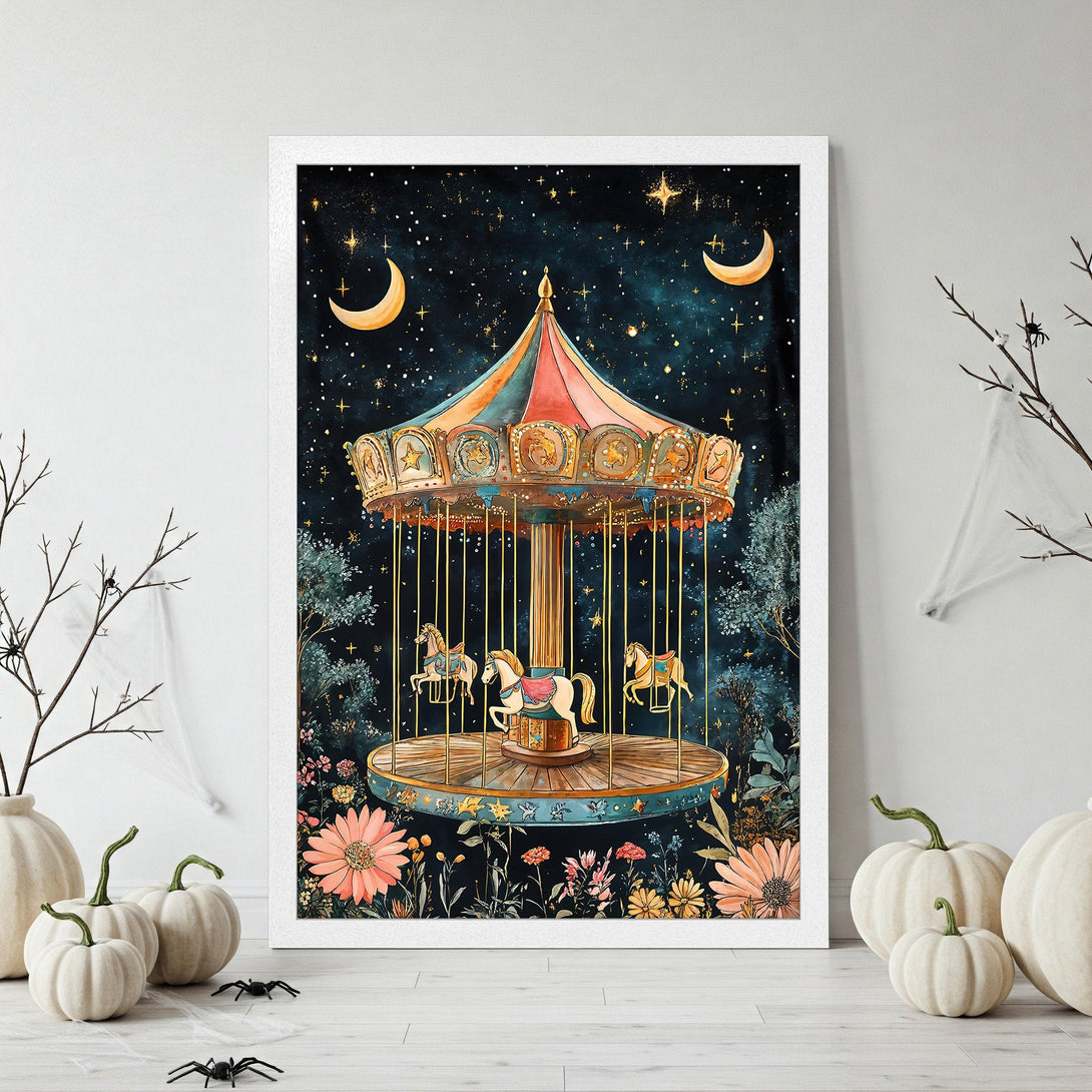 Framed Poster featuring a whimsical carousel under a starry night sky. Watercolor style with a dark, dreamy color palette. Perfect wall art!