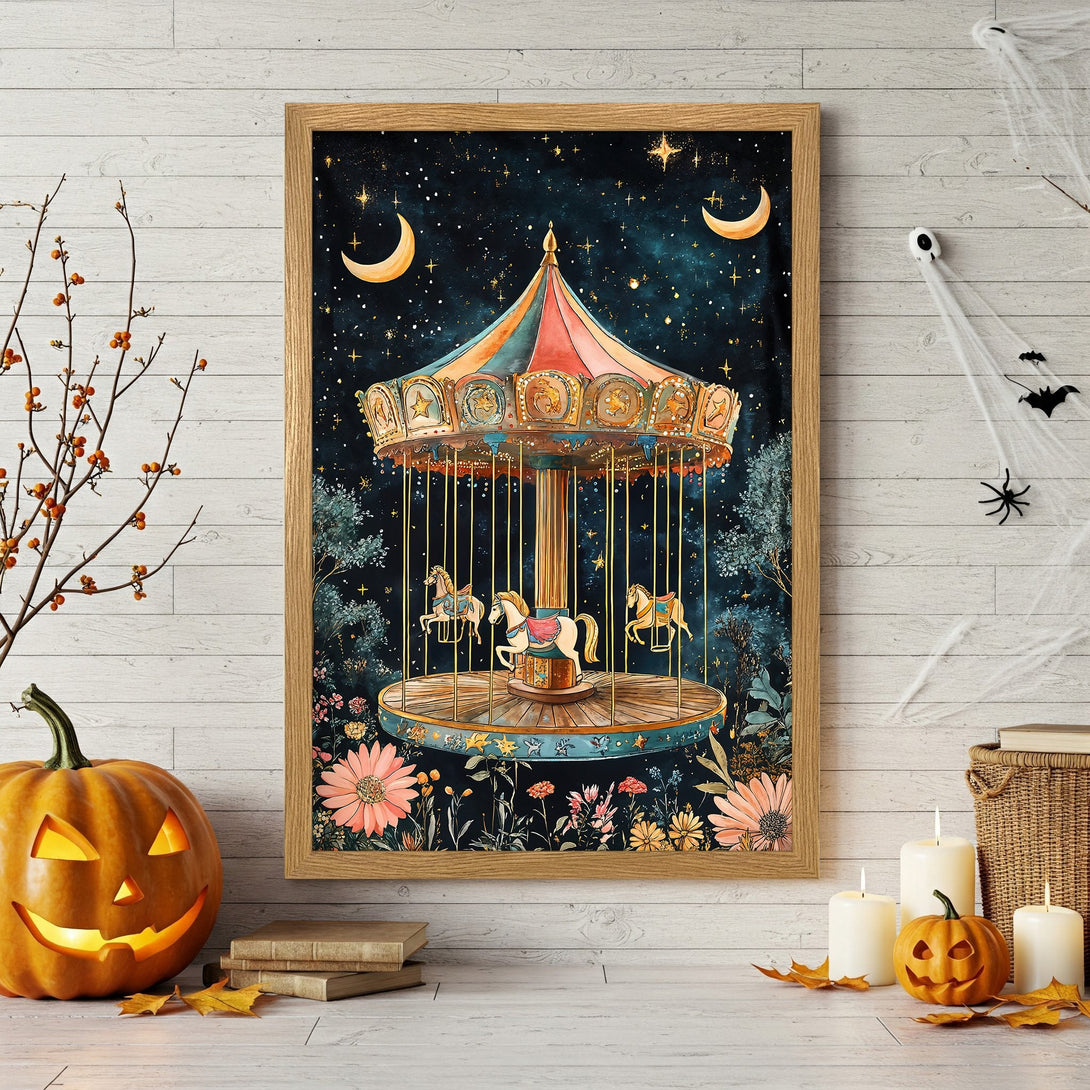 Framed Poster featuring a whimsical carousel illustration in a watercolor style, with a dark blue and warm color palette. Perfect wall art!