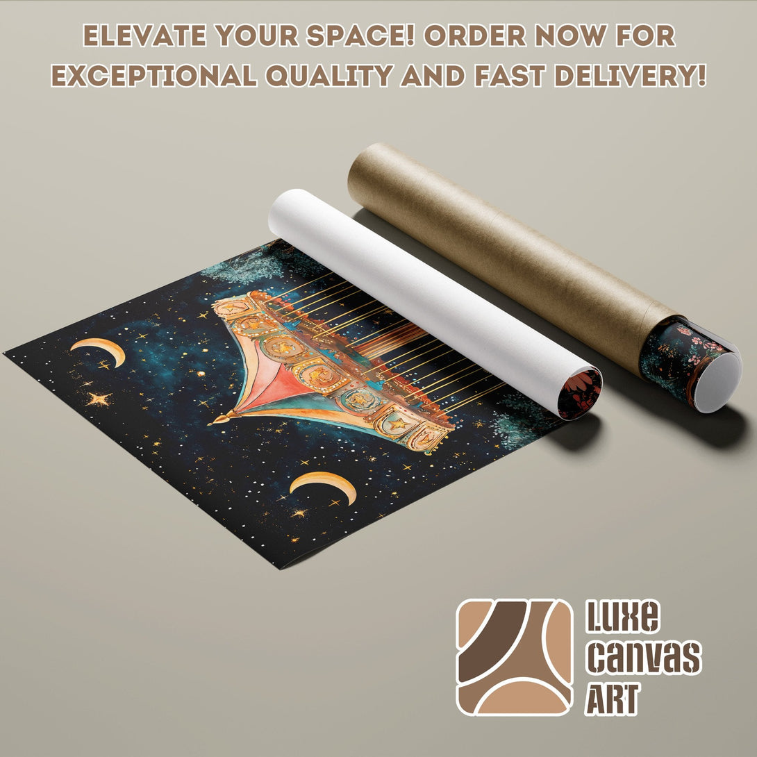 Poster Roll featuring a whimsical carousel in a starry night sky, watercolor style, with a dark blue and gold color palette.