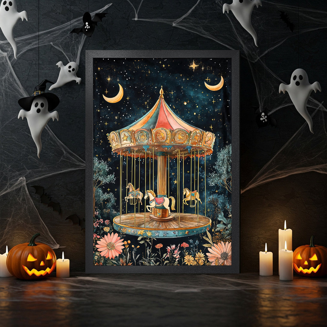 Framed Poster featuring a whimsical carousel design with a dark, starry night sky, and a colorful palette. Perfect Halloween decor!