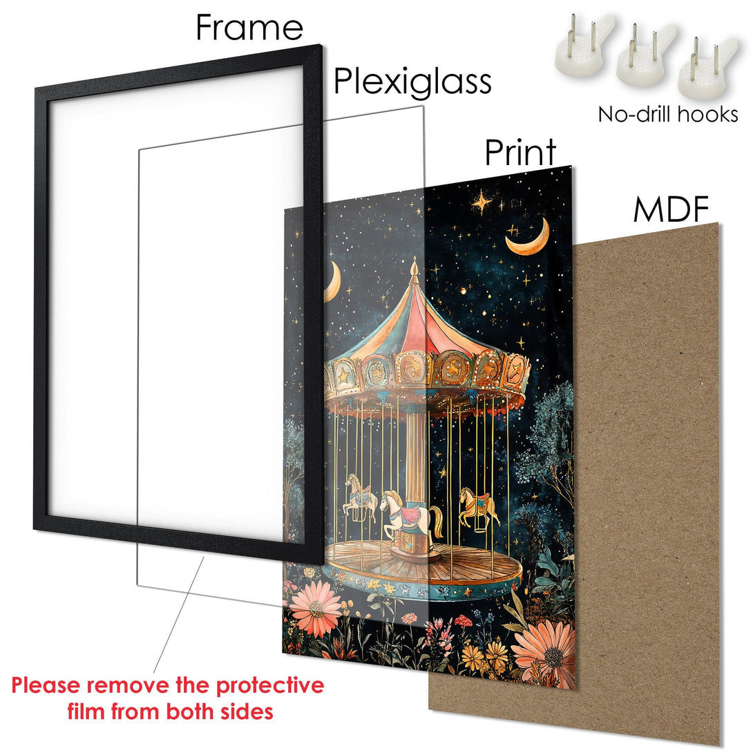 Framed Poster featuring a whimsical carousel scene. Dark, dreamy style with a navy and gold color palette. Perfect wall art for any room!