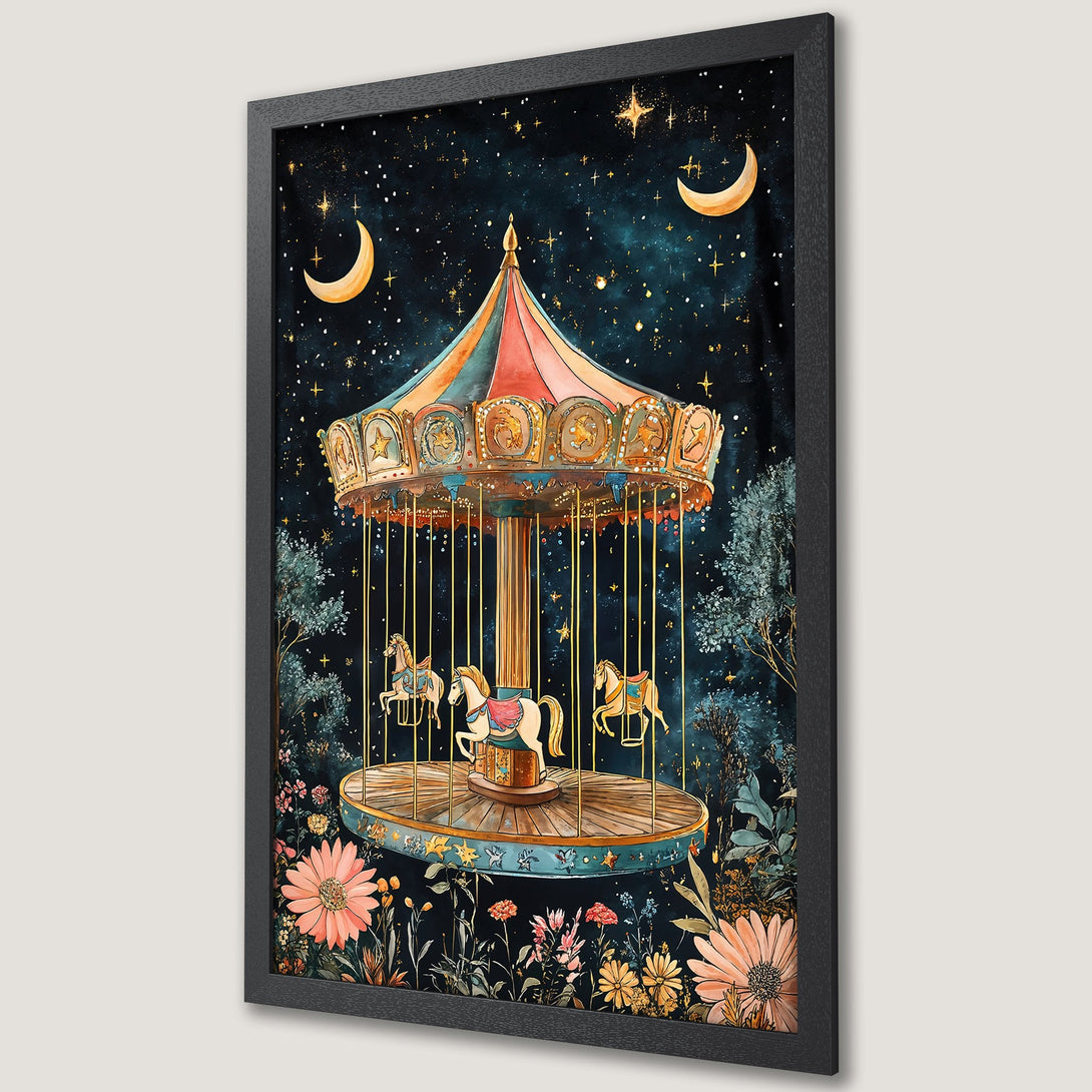 Framed Poster featuring a whimsical carousel under a starry night sky. Watercolor style with a dreamy, dark blue and gold color palette. Perfect wall art!