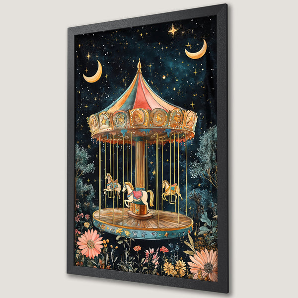 Framed Poster featuring a whimsical carousel under a starry night sky. Watercolor style with a dreamy, dark blue and gold color palette. Perfect wall art!