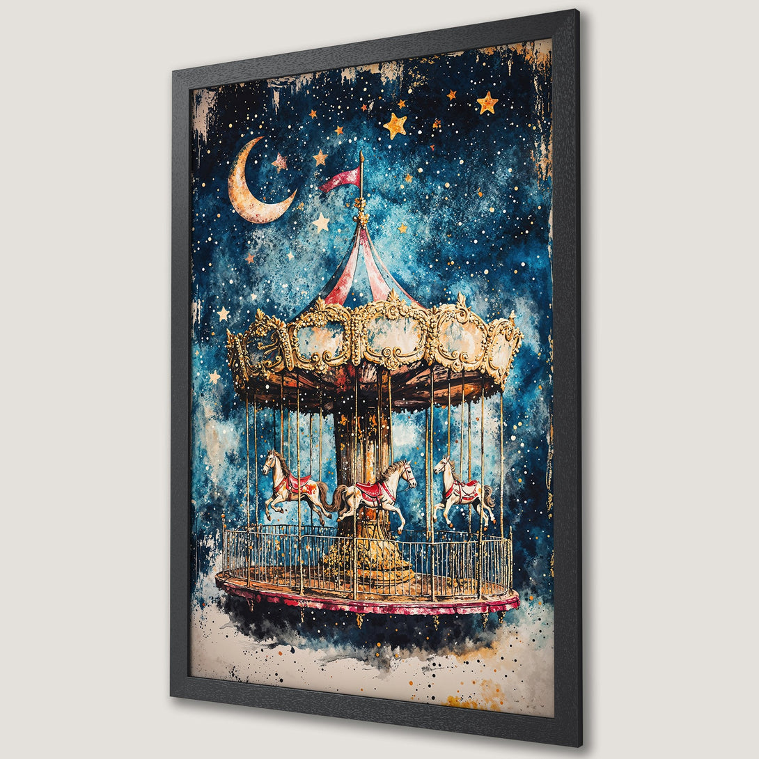 Framed Poster featuring a whimsical carousel design with a blue and gold watercolor style, perfect for adding a touch of magic to any room!
