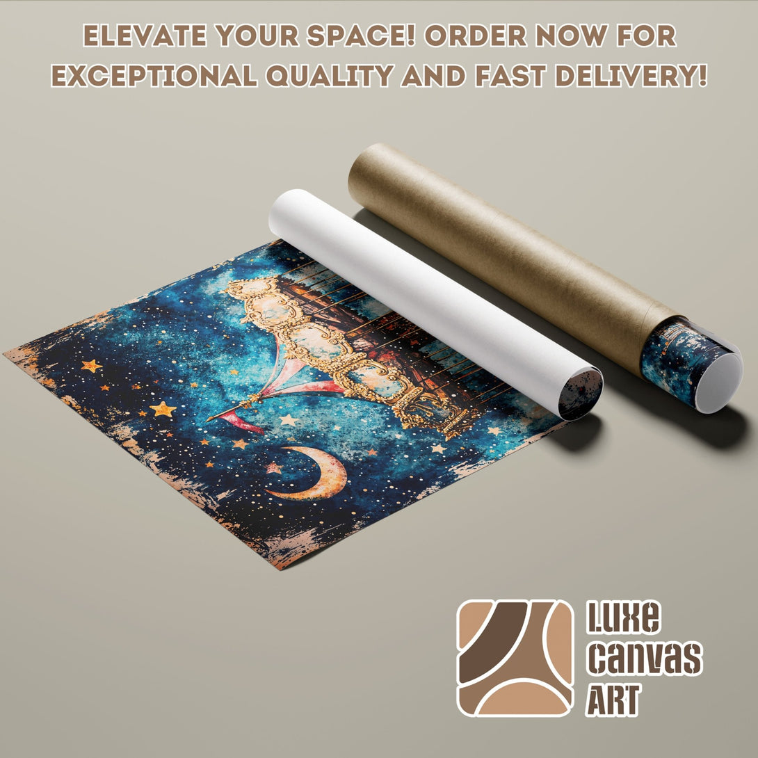 Poster Roll featuring a celestial carousel design, with a blue, gold, and brown color palette. Perfect wall art!