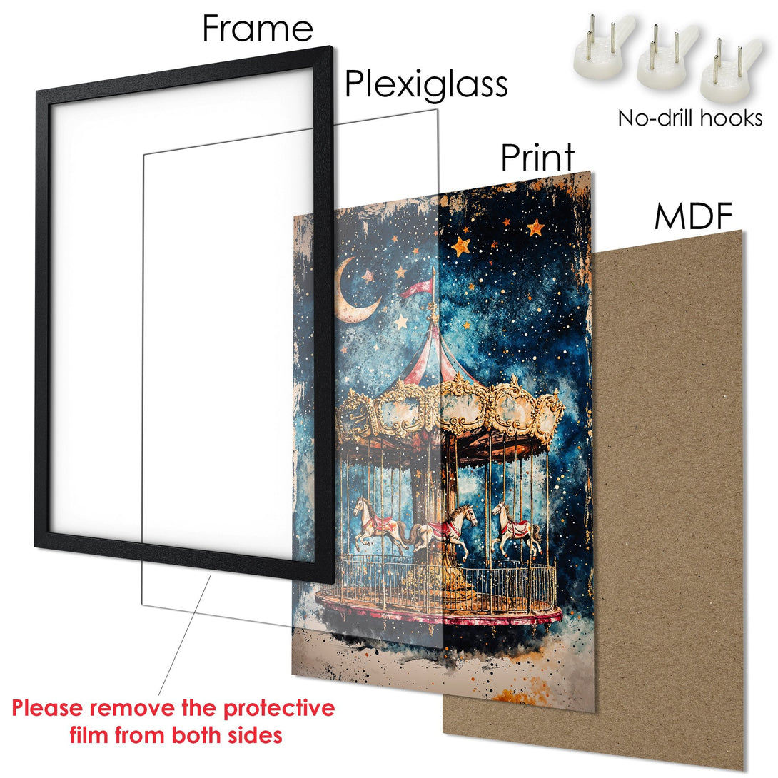 Framed Poster featuring a whimsical carousel scene in a watercolor style with a blue and gold color palette. Perfect wall art!