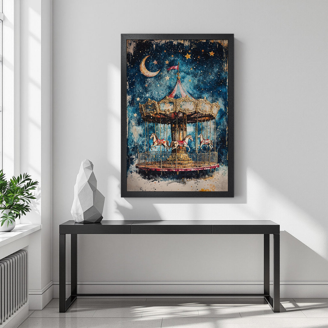 Framed Poster featuring a whimsical carousel under a starry night sky. Watercolor style with blue, gold, and red color palette. Add a touch of magic to your space!
