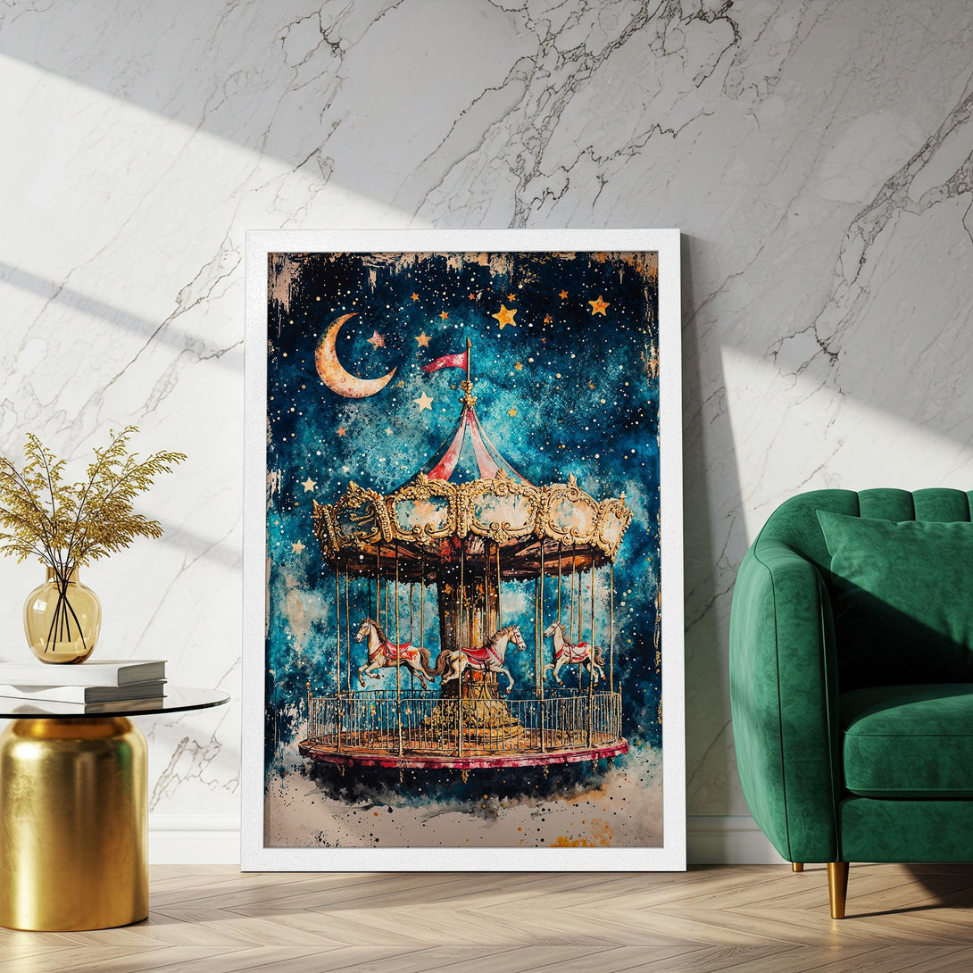 Framed Poster featuring a whimsical carousel design in watercolor style, with a dreamy blue and gold color palette. Perfect wall art!