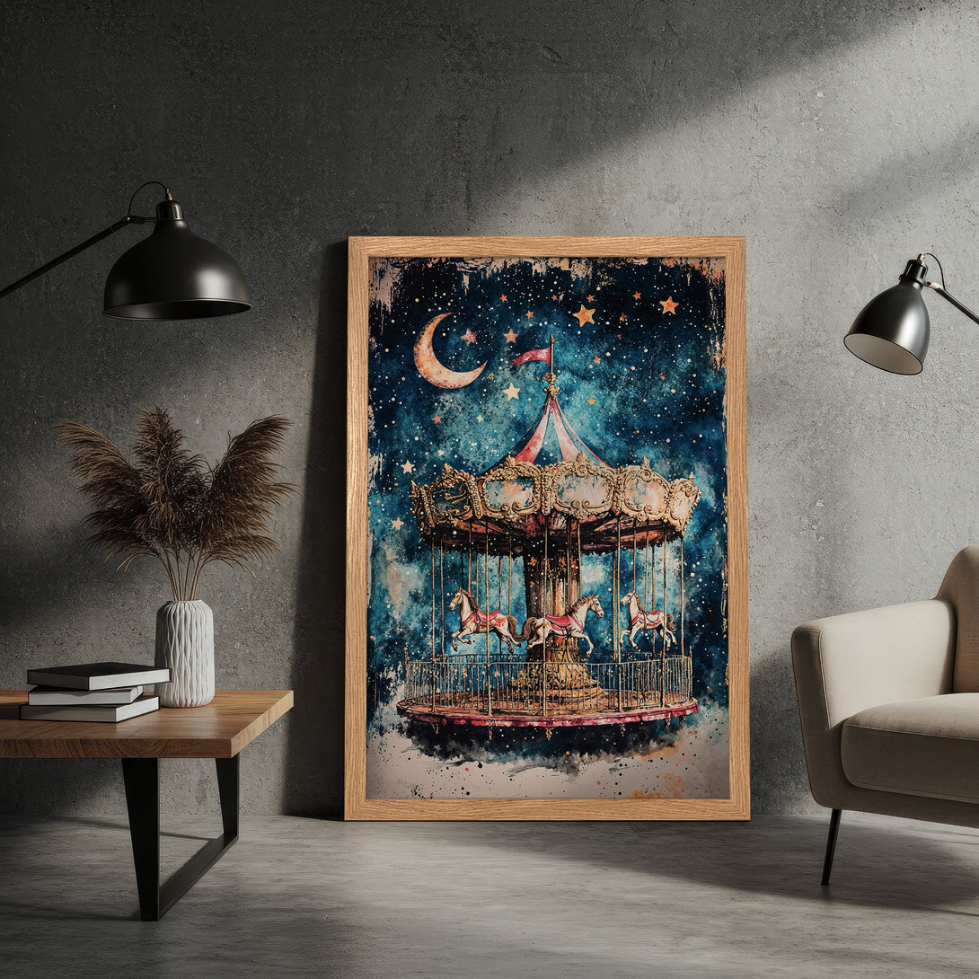 Framed Poster featuring a whimsical carousel scene in watercolor style with a blue and gold color palette. Perfect wall art!