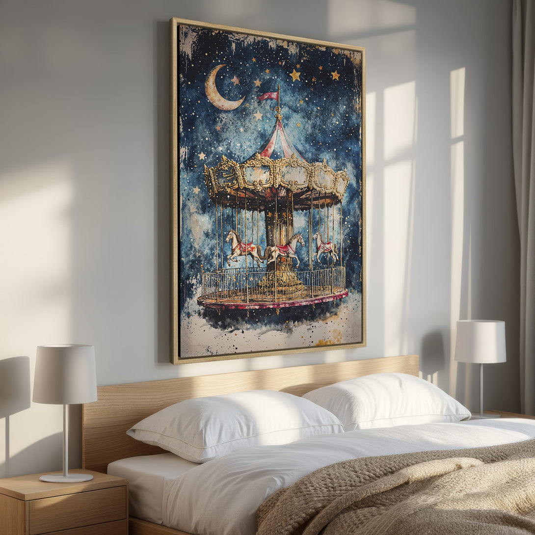 Framed Wall Art: Whimsical carousel print in a bedroom. Watercolor style with a blue, gold, and red color palette. Perfect for adding a touch of magic!