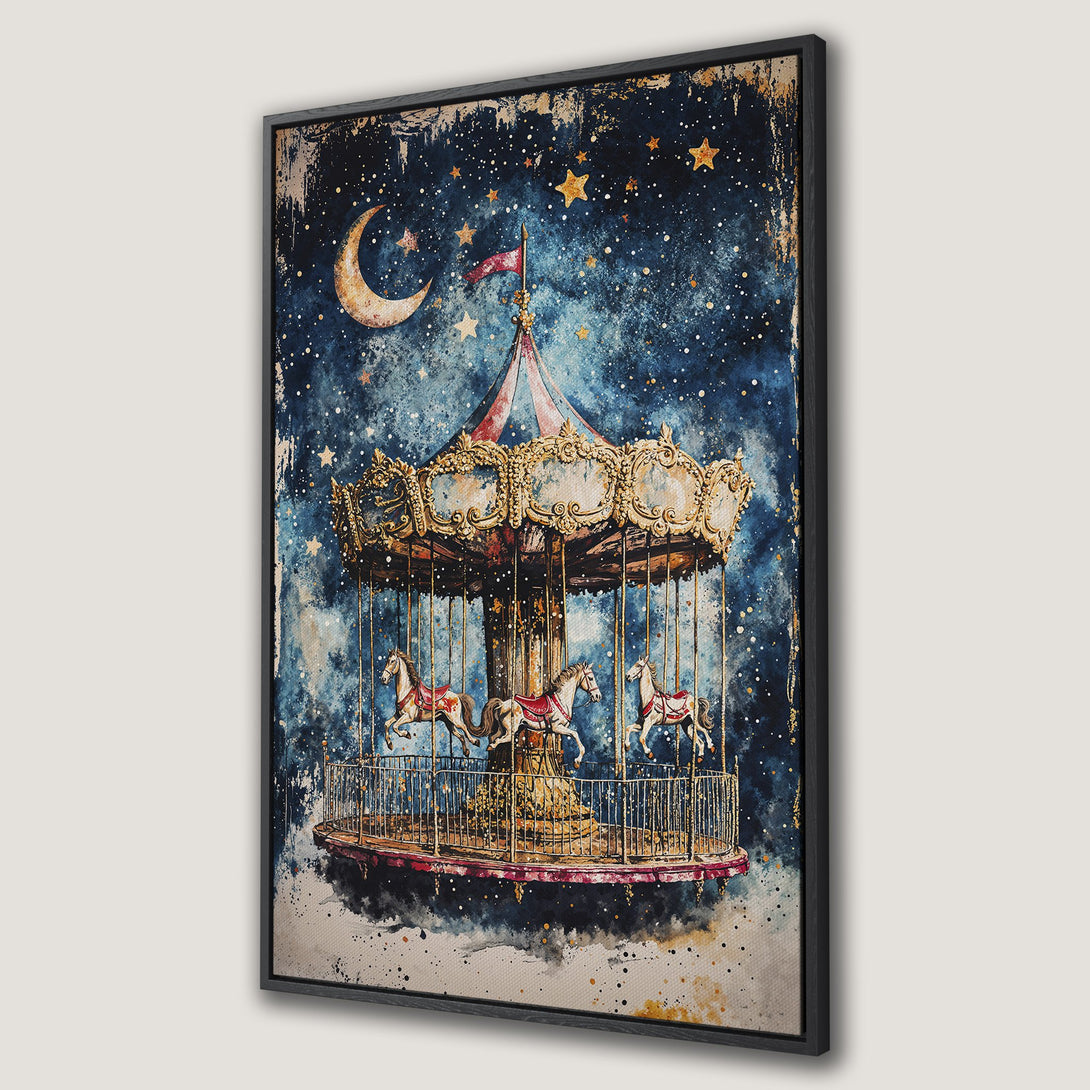 Framed Wall Art featuring a whimsical carousel under a starry night sky. Watercolor style with a blue and gold color palette. Perfect for adding charm to any space.