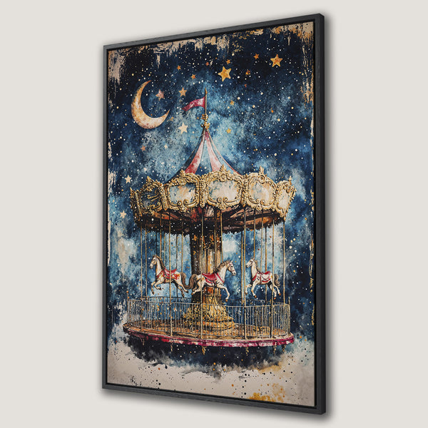 Framed Wall Art featuring a whimsical carousel under a starry night sky. Watercolor style with a blue and gold color palette. Perfect for adding charm to any space.