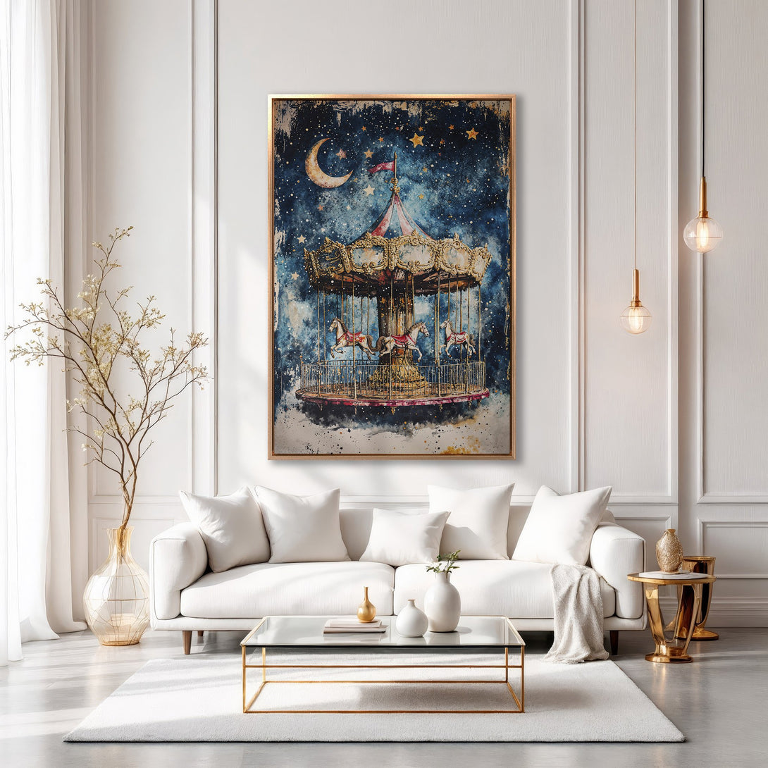 Framed Wall Art: Whimsical carousel print in a dreamy watercolor style, featuring a night sky palette of blues, gold, and cream. Perfect for adding a touch of magic!
