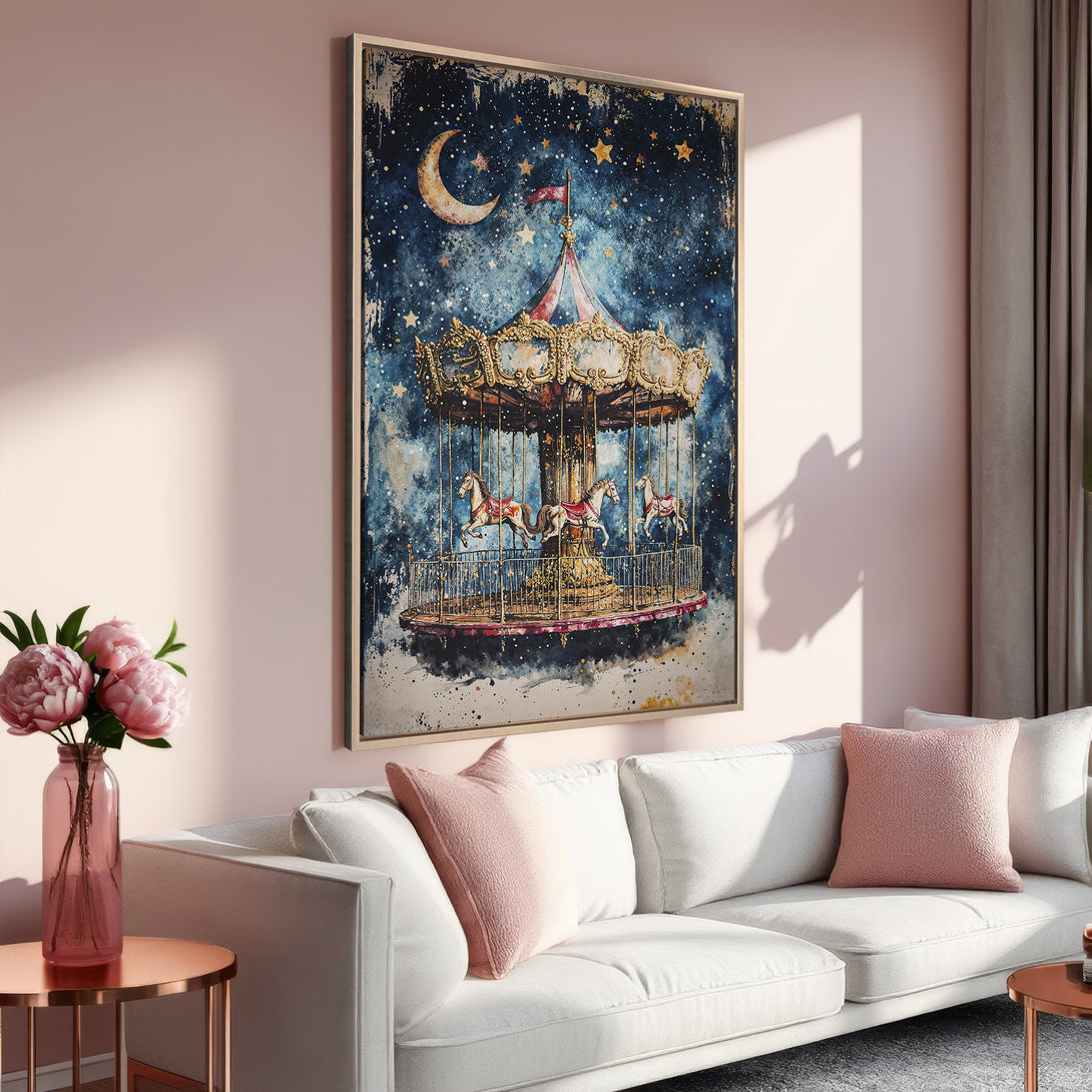 Framed Wall Art: Whimsical carousel print in dreamy blue and gold tones. Adds a touch of vintage charm to any space. Perfect for living rooms!