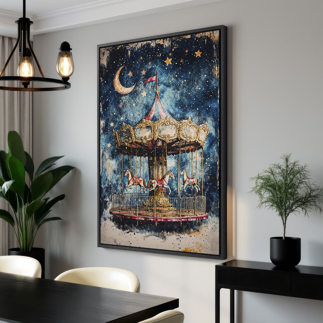 Framed Wall Art: Whimsical carousel print in a vintage watercolor style. Features a dreamy blue, gold, and cream color palette, perfect for adding charm to any room.