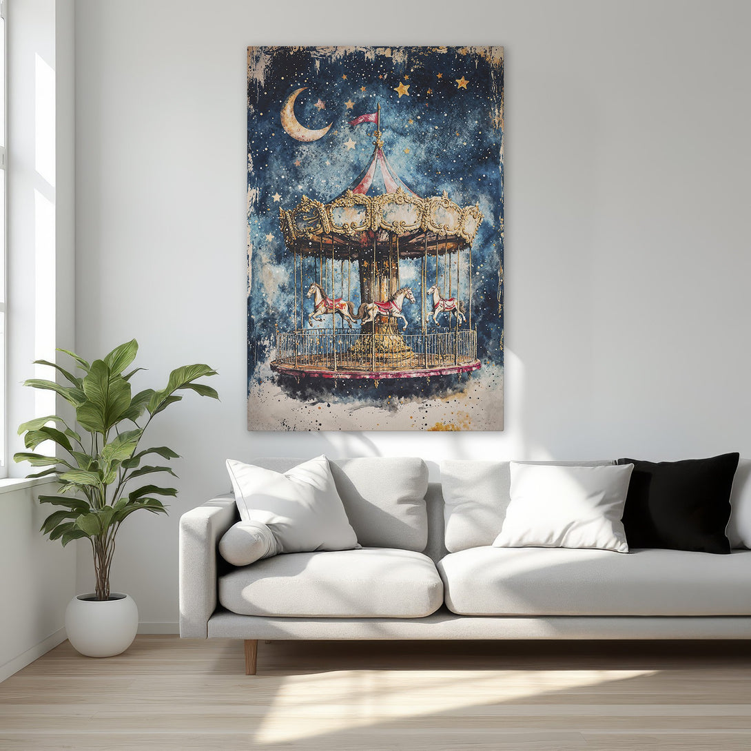 Framed Wall Art: Whimsical carousel art print in a dreamy watercolor style, featuring a blue and gold color palette, perfect for adding a touch of magic.