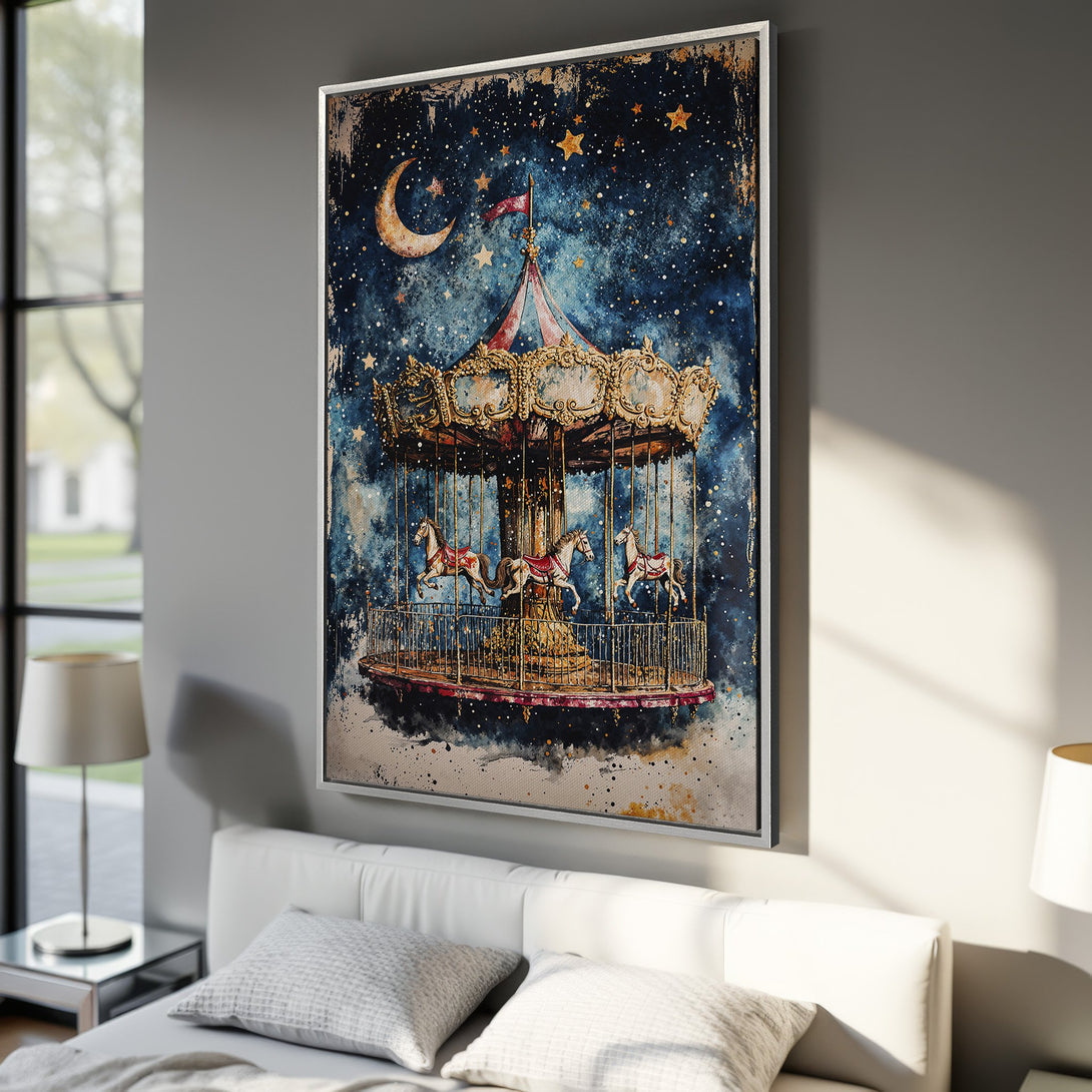 Framed Wall Art: Whimsical carousel scene in watercolor style. Features a dreamy blue and gold color palette, perfect for adding a touch of magic to your space.