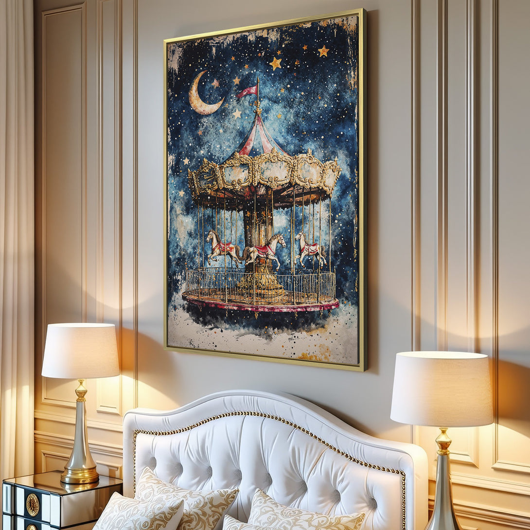 Canvas Print of a whimsical carousel against a starry night sky. Watercolor style art with blue, gold, and red tones. Perfect wall decor!