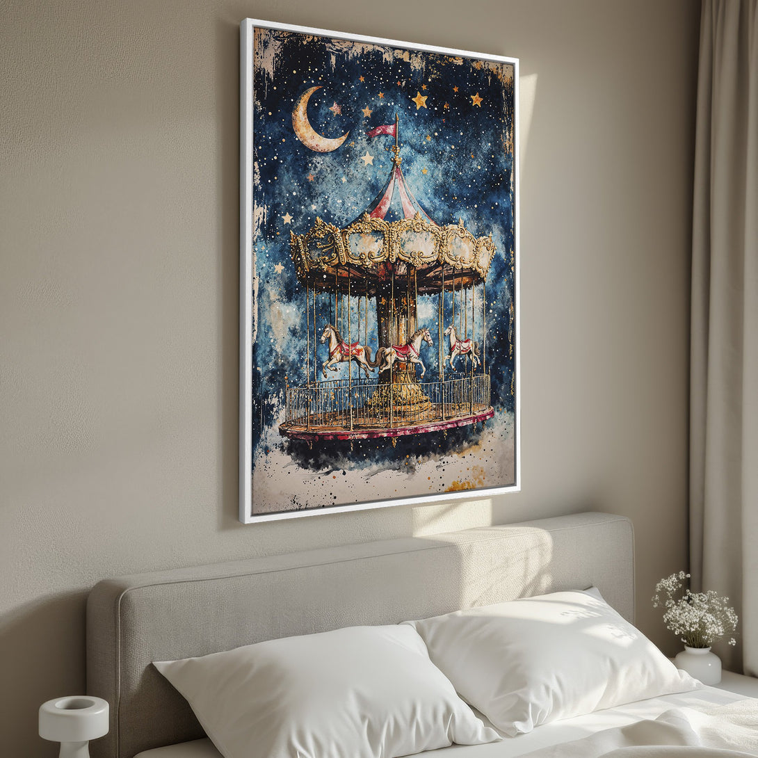 Framed Wall Art: Whimsical carousel print with a dreamy night sky, watercolor style, blue and gold palette. Perfect for a bedroom or nursery!