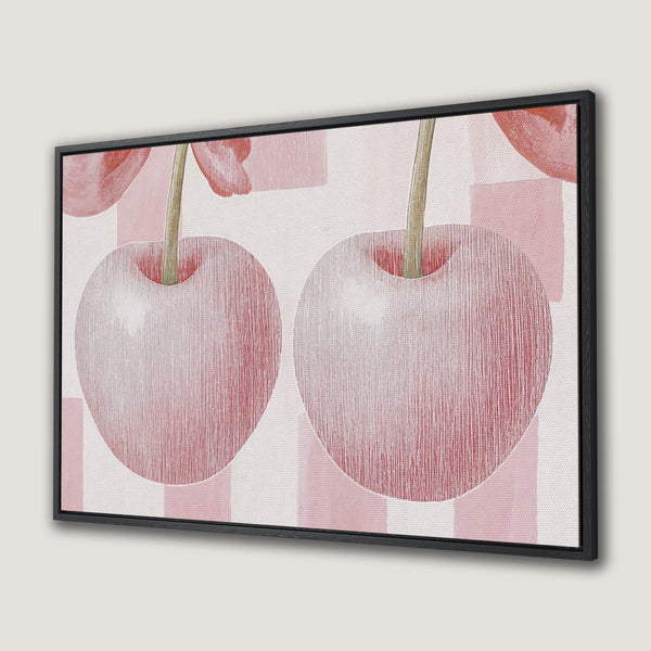 Framed Wall Art featuring a whimsical cherry design in a soft pink and red color palette. Perfect for adding a touch of modern art to your space!
