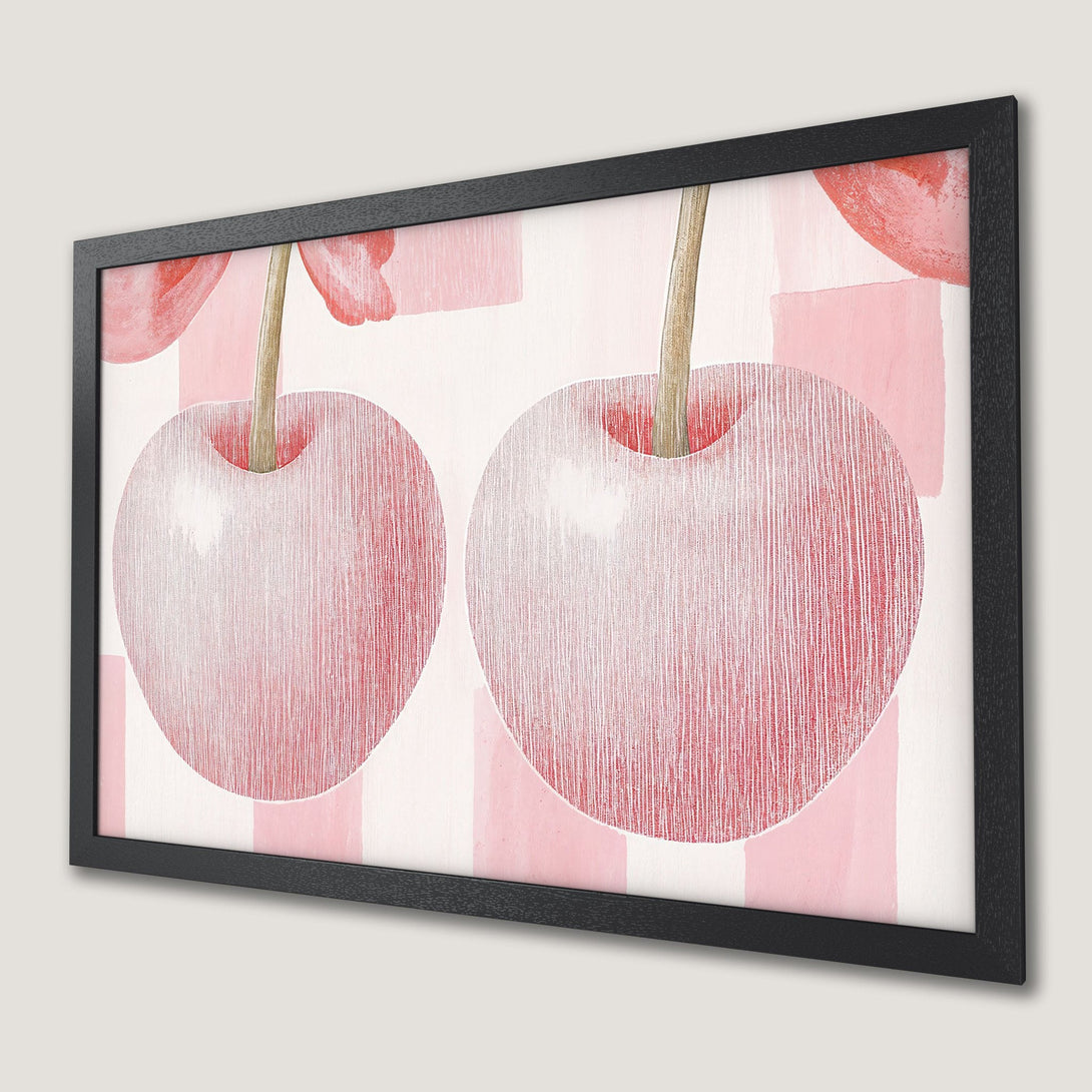 Framed Poster featuring abstract cherries in pink and red hues, a stylish addition to any space.