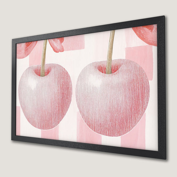 Framed Poster featuring abstract cherries in pink and red hues, a stylish addition to any space.