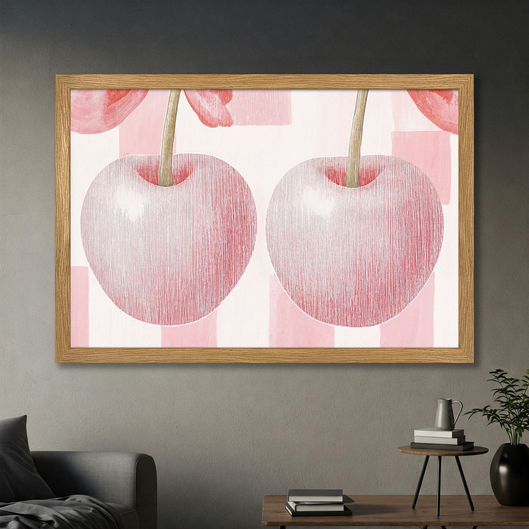 Framed Poster featuring abstract cherries in a pink color palette. Modern art print for your home decor. Get yours today!