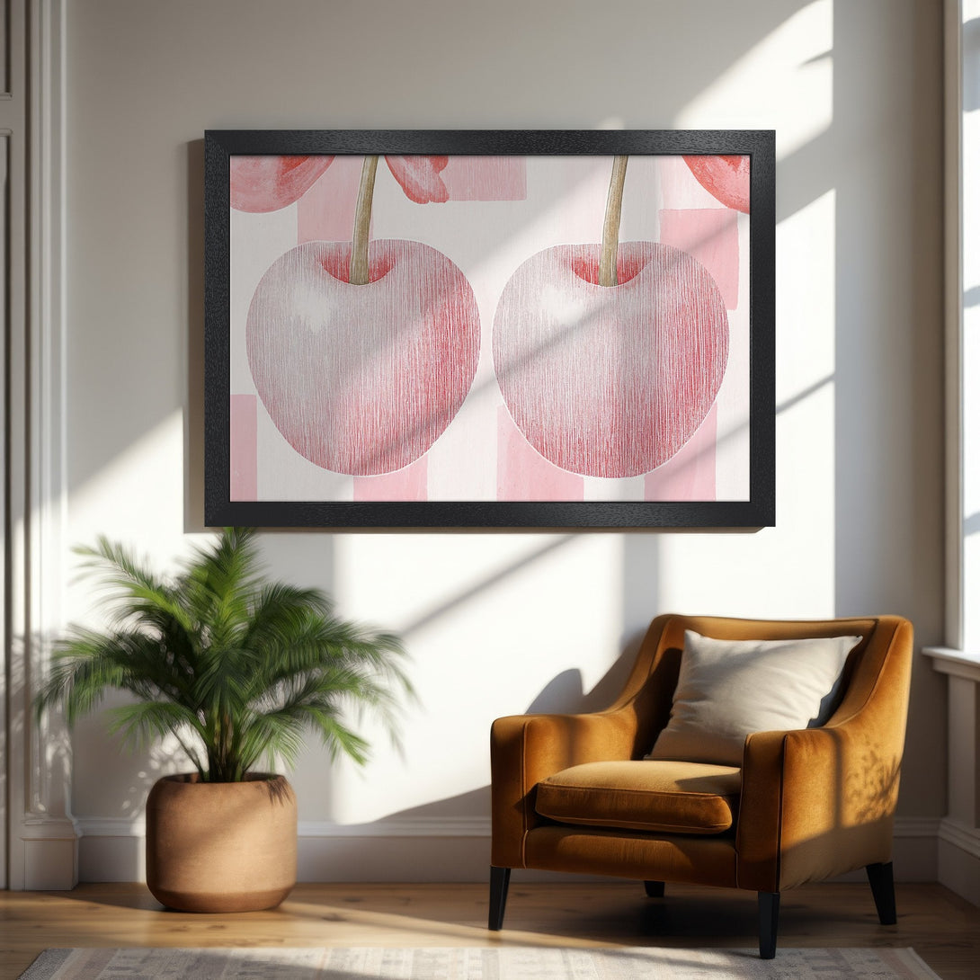 Framed Poster featuring watercolor cherries in pink and red, modern style, perfect wall art.