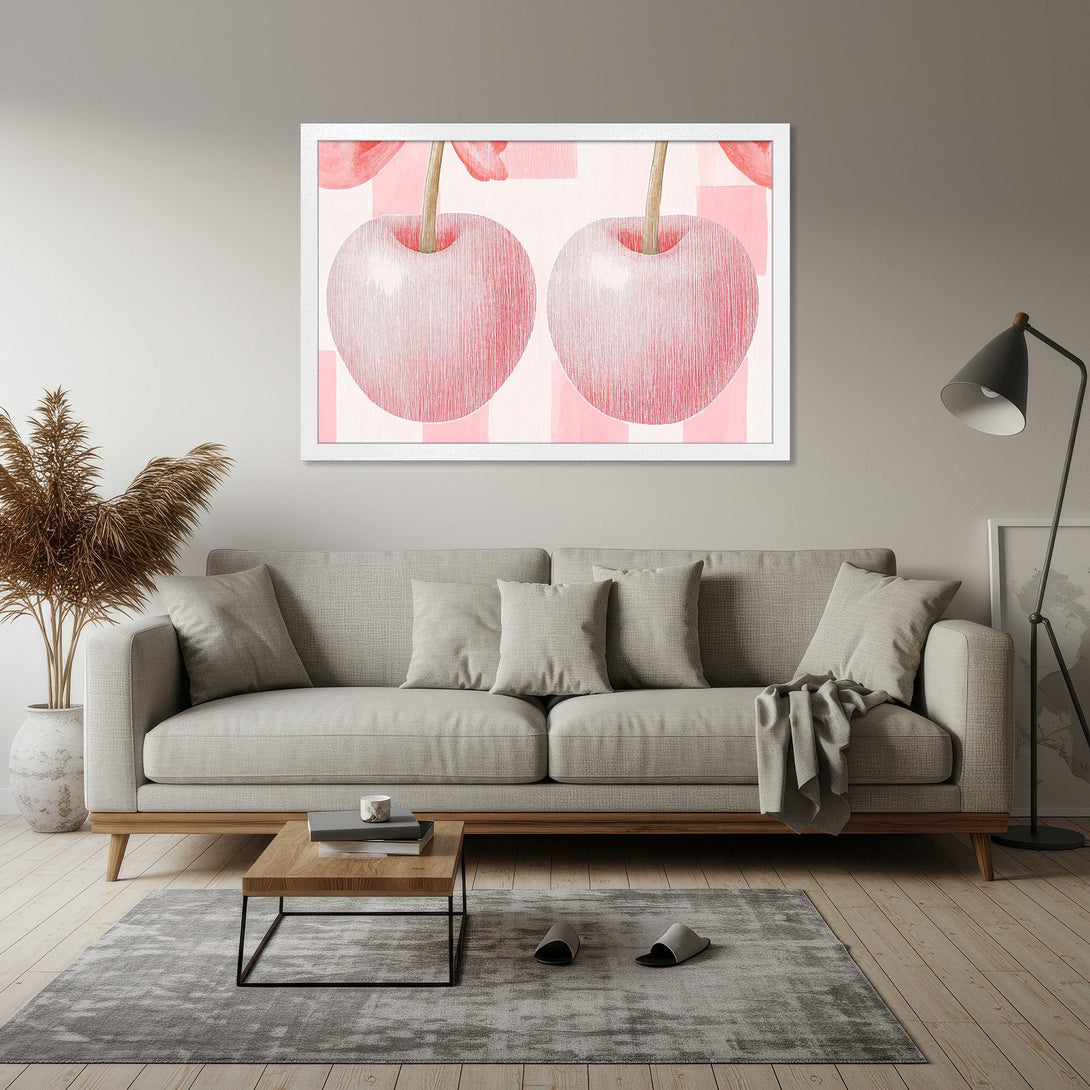 Framed Poster featuring a watercolor-style cherry art print in a pink and white color palette. Perfect wall decor!