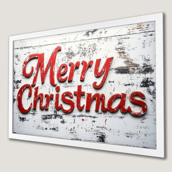 Framed Poster with "Merry Christmas" in red on a rustic white wood background. Festive holiday decor.