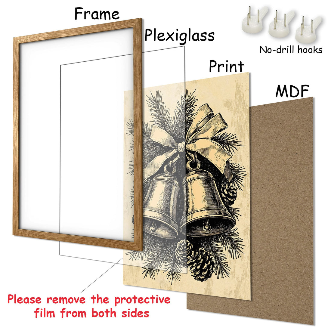 Framed Poster featuring vintage bells illustration in neutral tones. Perfect for adding a touch of classic style to your home decor.
