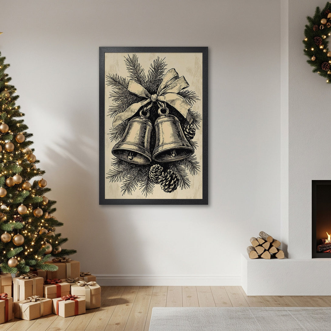 Framed Poster featuring Christmas bells illustration, vintage style, neutral beige and black color palette. Perfect holiday decor.