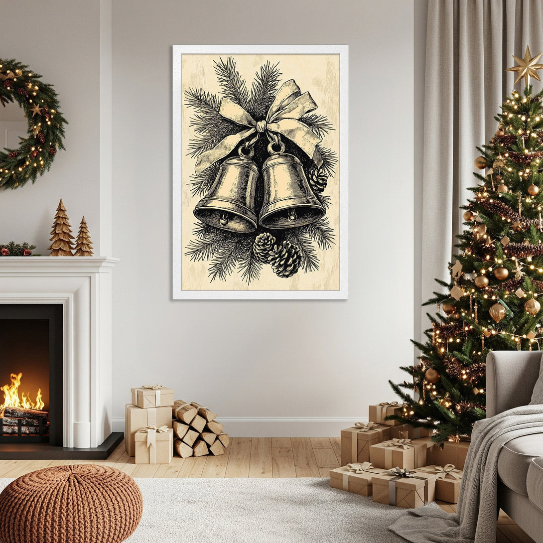 Framed Poster of Christmas bells in a vintage style, black and cream color palette. Perfect holiday wall art!