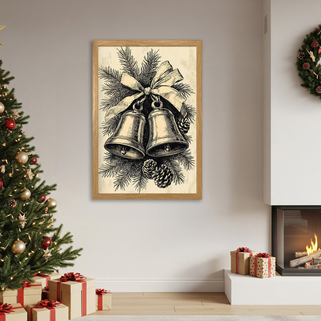 Framed Poster featuring Christmas bells illustration in a vintage style with a neutral color palette. Perfect holiday decor!