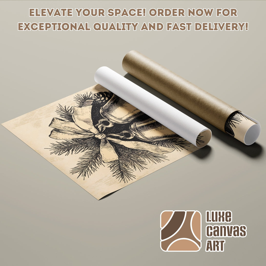 Poster roll featuring vintage Christmas bells illustration, neutral tones. Elevate your space today!