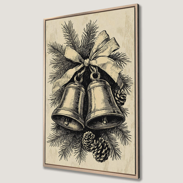 Framed Wall Art: Vintage Christmas bells illustration in black and beige. Rustic style Canvas Print with a classic holiday feel. Perfect for seasonal decor.