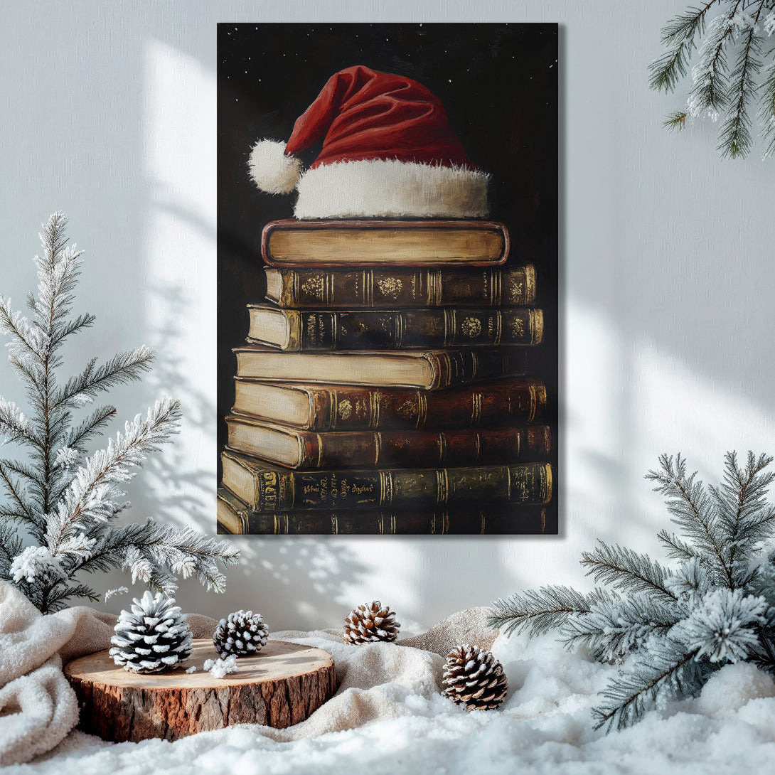 Framed Wall Art: Santa hat on books, vintage style, rich red & brown tones. Perfect Christmas decor for a cozy, festive home.