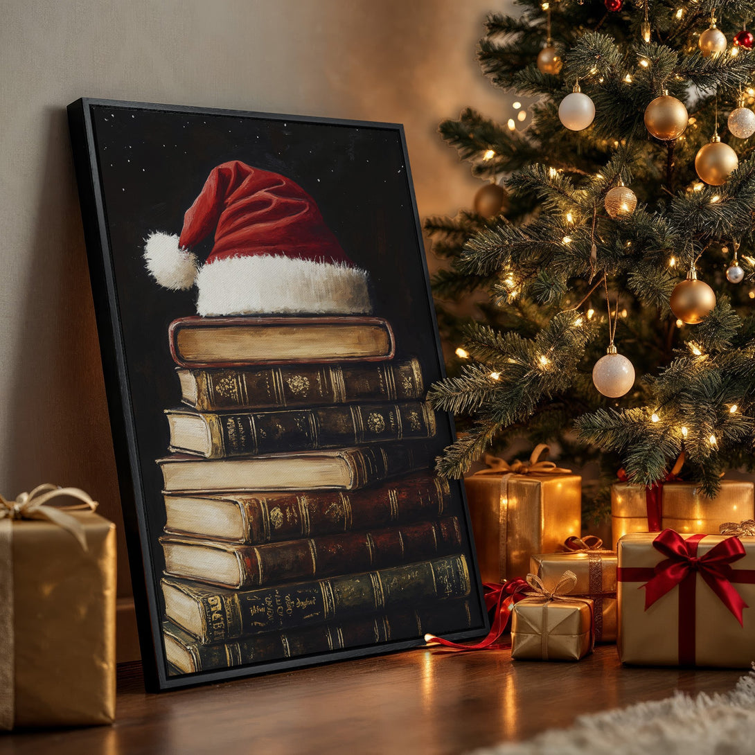 Framed Wall Art: Santa hat on books, vintage style, warm color palette. Perfect Christmas decor!