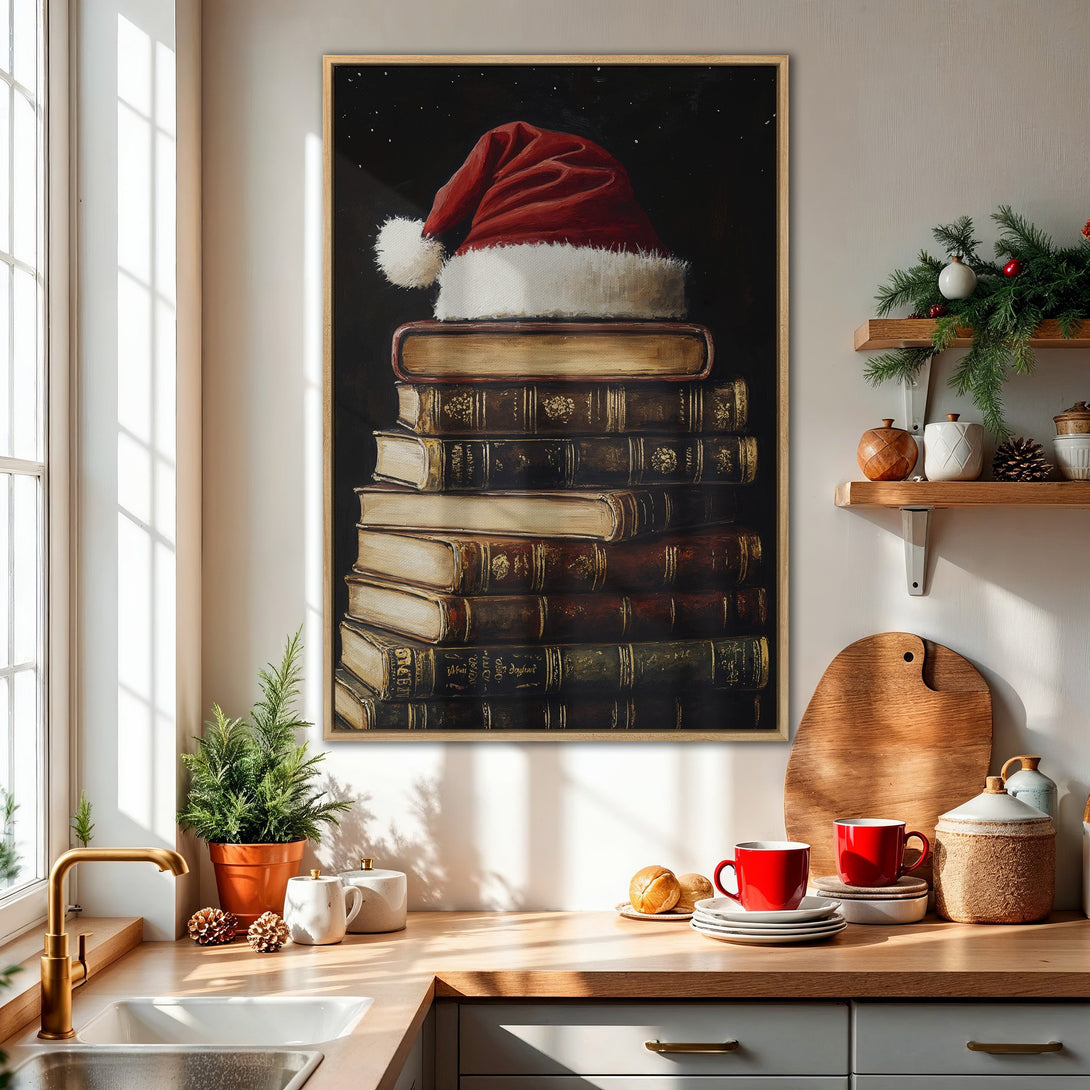 Framed Wall Art: Christmas-themed print of Santa hat on books. Warm, inviting colors in a cozy kitchen setting. Perfect holiday decor!