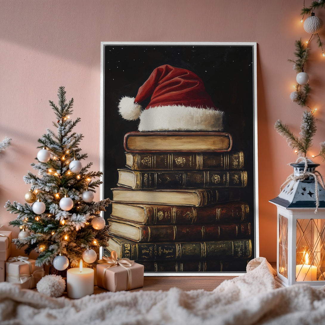 Framed Wall Art: Festive painting of Santa hat on books. Warm, inviting color palette with reds, browns, and golds. Perfect holiday decor.
