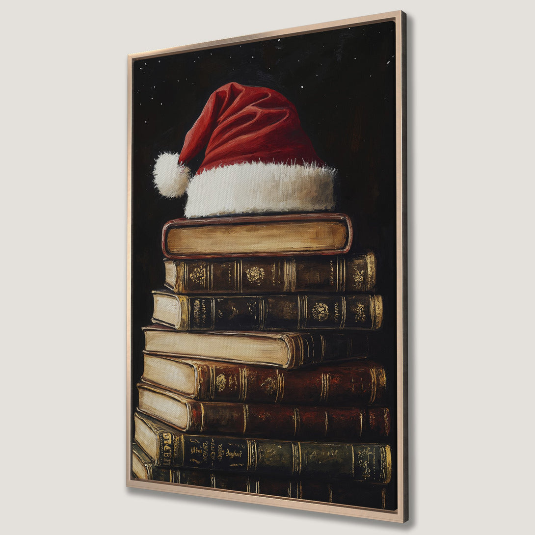 Framed Wall Art Canvas Print: Festive painting of Santa hat on books. Rich brown, red, and gold tones create a cozy, vintage holiday aesthetic. Perfect Christmas decor.
