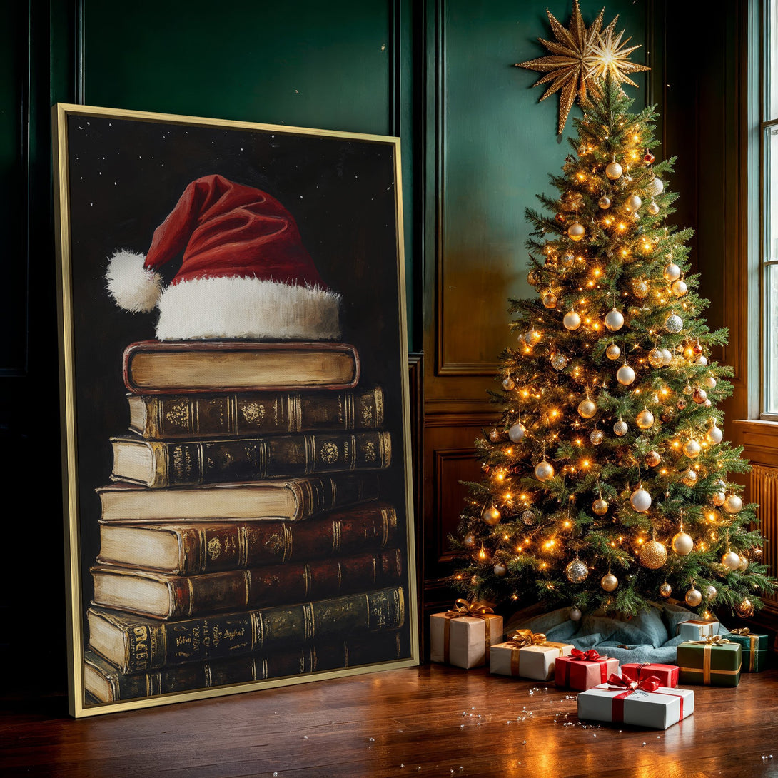 Canvas Print featuring a stack of books with a Santa hat, in warm tones. Perfect holiday decor for a cozy, classic look.