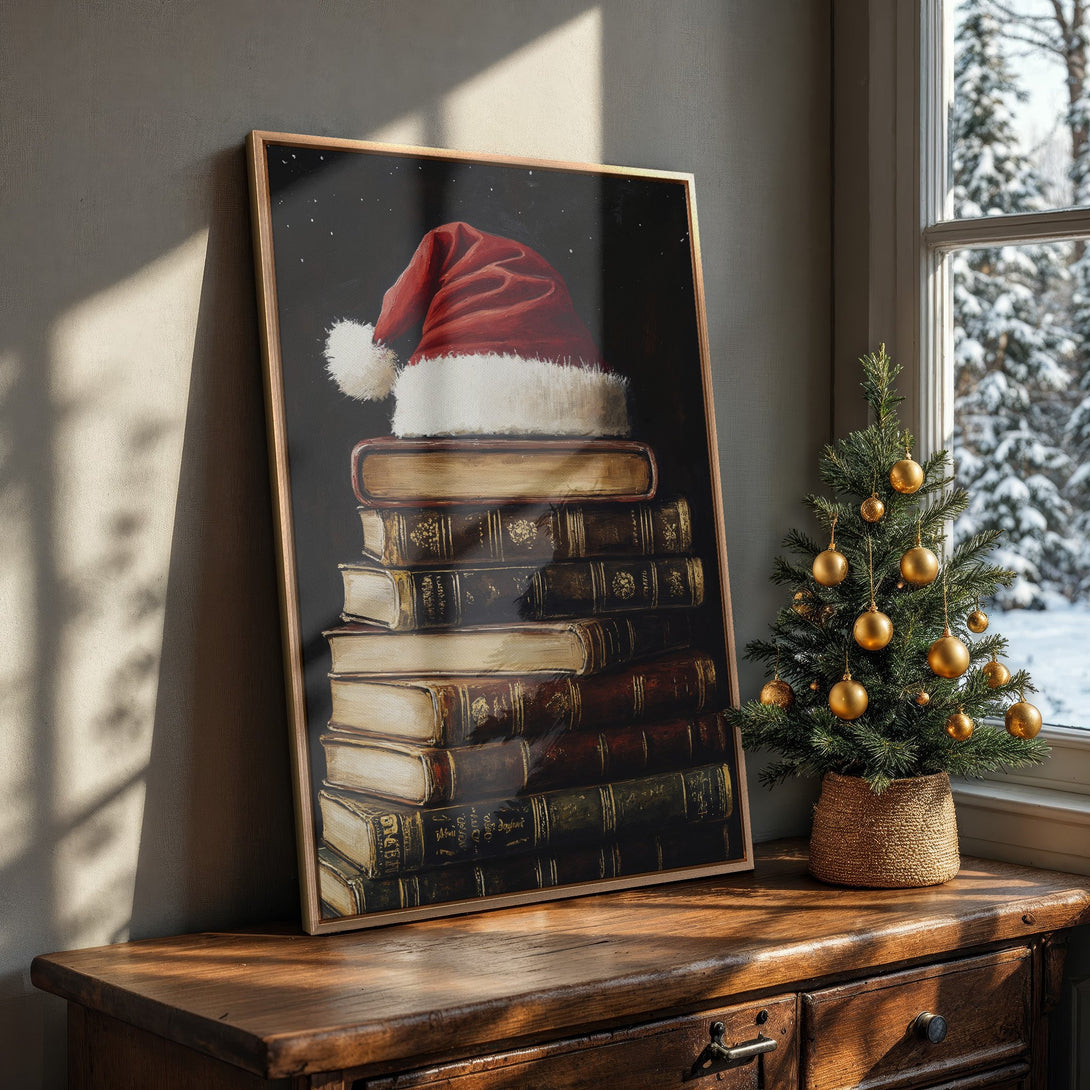 Framed Wall Art: Christmas art print featuring a Santa hat on books, warm brown and red tones, perfect holiday decor.