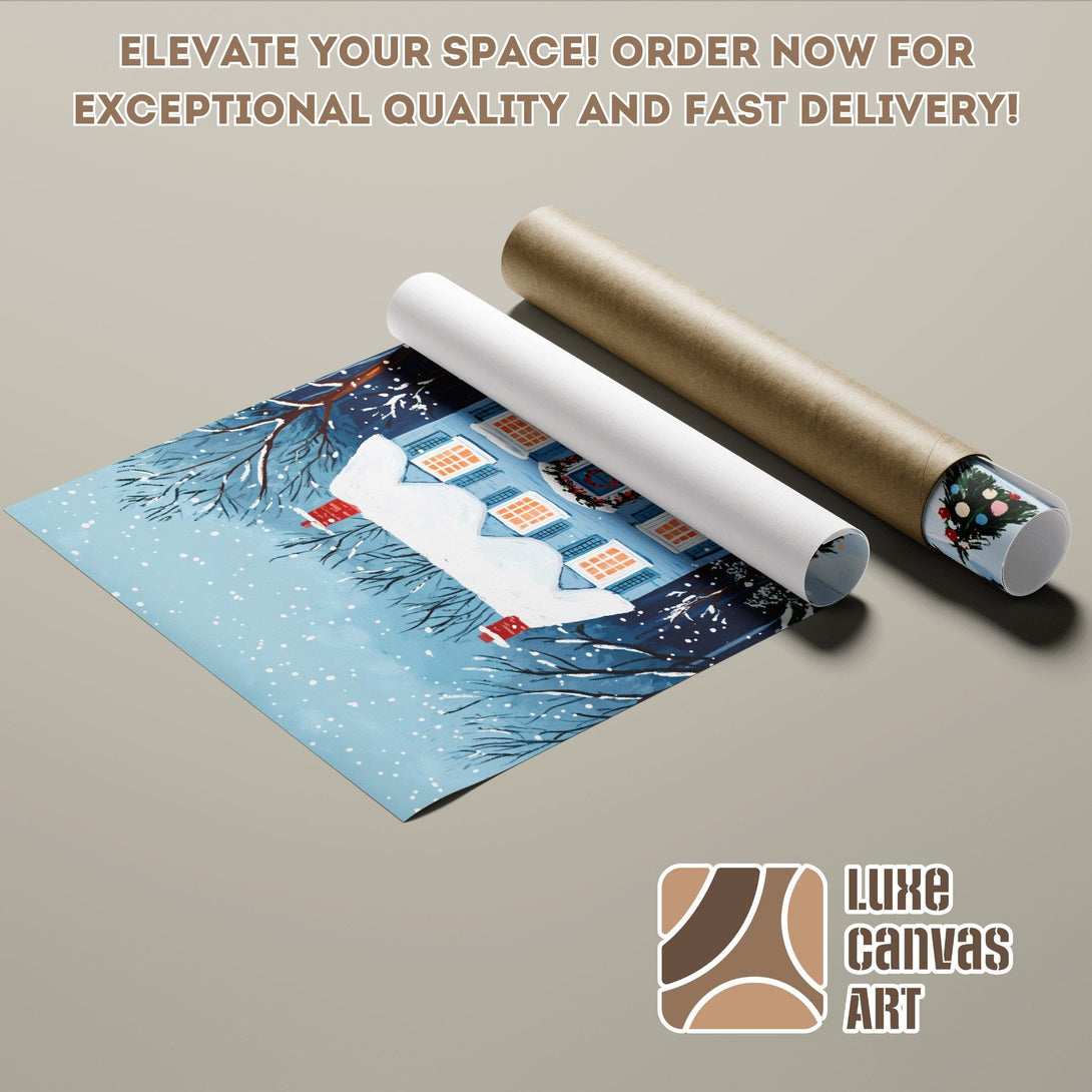 Poster Roll featuring a winter scene painting in blue and white tones. Perfect wall art!