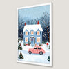Vintage Christmas Cottage Art Poster with Classic Car