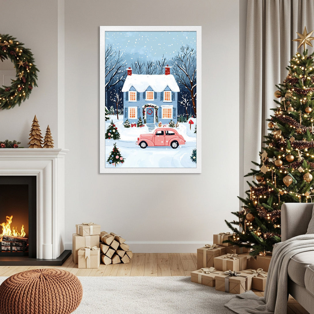 Framed Poster featuring a winter scene with a house and pink car, in a whimsical style with blue and pink color palette. Perfect Christmas decor!